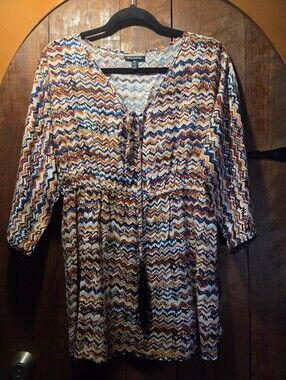 Allison Brittney Multi-Color Zigzag Tie-Front Peasant Tunic